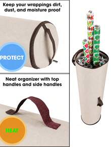 1pc Oxford Fabric Christmas Gift Wrapping Storage Bag, Christmas Wrapping Paper Storage Bag, Large Capacity Gift Wrapping Organizer Bag, Beige With Brown Handle Wrapping Paper Storage Bag, Christmas Holiday Decoration Storage Container, Easy To Carry Cylindrical Container - Beige Brown - View 10