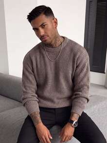 Men's Autumn/Winter Basic Solid Color Casual Fitted Lightweight Sheer Polyester Pique Texture Niche Design Long Sleeve Drop Shoulder Crew Neck Pullover Sweater - Coffee Brown - View 4
