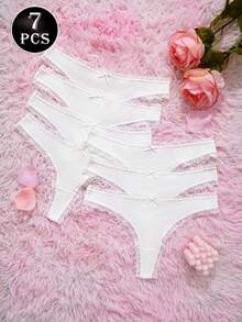 7 Pcs Ribbed Cotton Thongs Panties For Women Lace Trim Bow Decorate Soft Touch Comfy Daily Wear, White - White - View 4