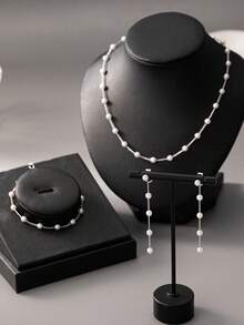 4pcs Fashionable Elegant Women's Faux Pearl Jewelry Set, Includes Necklace, Earrings, Bracelet, 14K Gold/Silver Plated Pearl Necklace, Bracelet And Earrings Set, Suitable For Women's Daily Wear Or Banquet, Exquisite Women's Jewelry Gift - Artificial Pearls - View 3