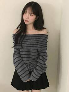Women's Off-The-Shoulder Sweater, New Autumn/Winter Niche French Design, Soft And Comfortable Pullover Knit Top - Stripe - View 2
