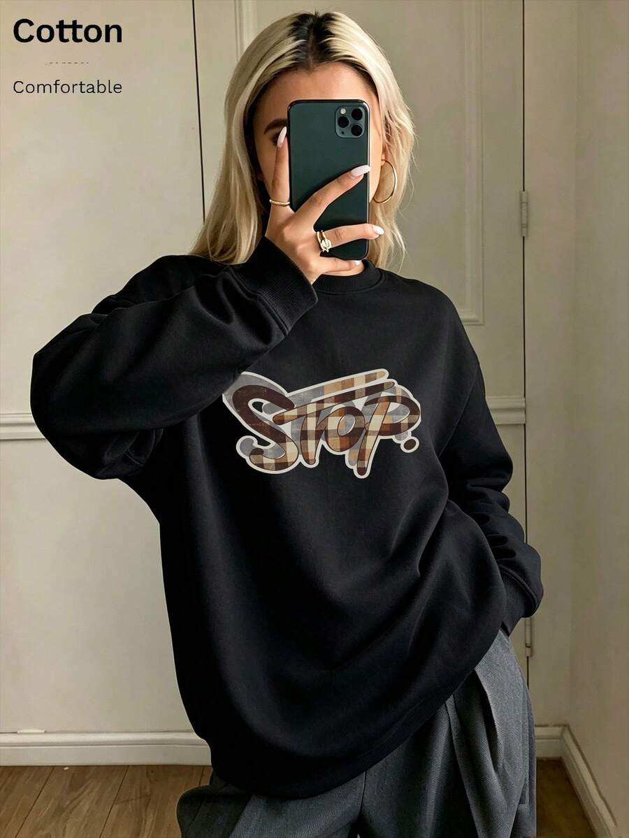 Oversized Women's Sweatshirt For Autumn/Winter, Casual Daily Wear, Long Sleeve Hoodie, Outerwear Top, Y2K, Letter Slogan Graphic, Unisex, Streetwear - Black - View 1