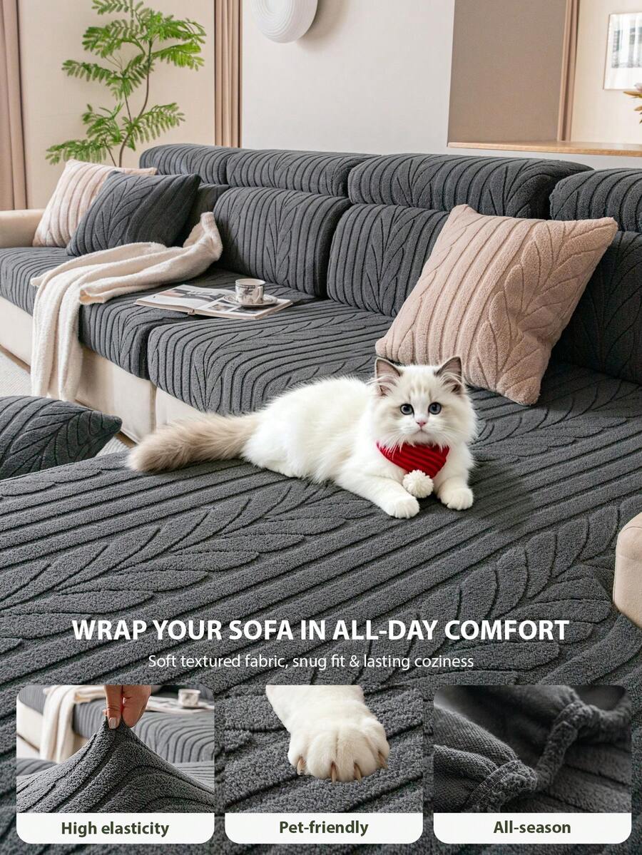 1pc Plaid Embossed High Elastic L-Shaped Sofa Cover, Soft Skin-Friendly Easy To Clean Scratch-Resistant Sofa Pad Protector, Machine Washable All Season Pet-Friendly Sofa Cover, Suitable For 1/2/3 Seater And L-Shaped Corner Sofa - Dark Grey - View 1