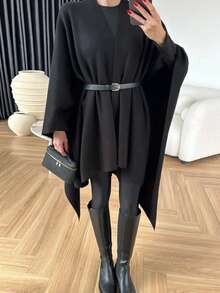 Elegant Women's Long Loose Black Knitted Wool Poncho Cardigan, Long Sleeve Asymmetric Design, Overlapping Collar, Suitable For Autumn/Winter (Belt Not Included) - Black - View 6