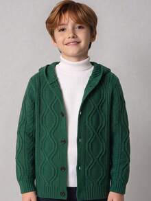 Boys' Vintage Hooded Single-Breasted Long Sleeve Cable Knit Cardigan Sweater, 3D Textured Argyle Pattern, Casual Versatile Jacket For Daily Wear, School, Spring, Autumn, Winter - Green - View 1