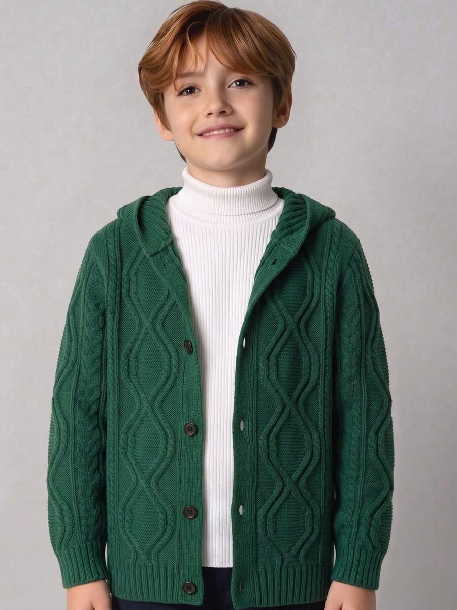 Boys' Vintage Hooded Single-Breasted Long Sleeve Cable Knit Cardigan Sweater, 3D Textured Argyle Pattern, Casual Versatile Jacket For Daily Wear, School, Spring, Autumn, Winter - Green - View 1