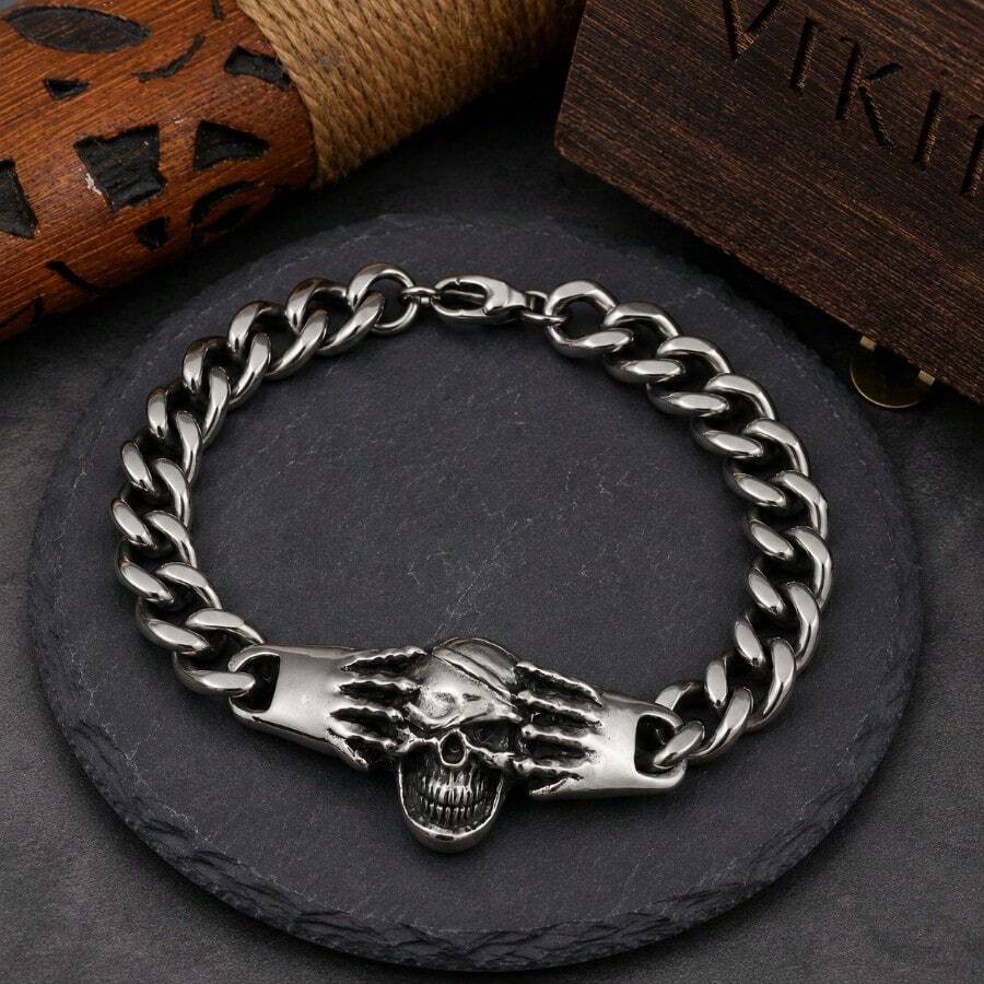 Men'S Personalized Titanium Stainless Steel Skull Punk Bracelet Retro Street Trendsetter Glossy Square Buckle Fashion Additions - Silver - View 1