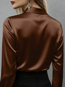 Women's Elegant White Polyester Fiber Blouse Top, Regular Long Sleeve, Shirt Collar Button Detail, Suitable For Office Wear, Non-Stretch Fabric Brown - Brown - View 5