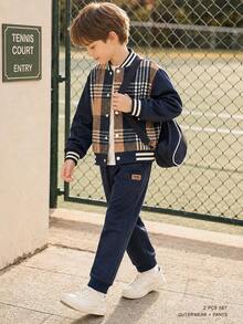 Young Boy Casual Fashion Plaid Patchwork Royal Blue Long Sleeve Baseball Shirt And Small Badge Long Pants Set - Multicolor - View 2