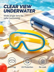 1pc Large Frame Swimming Goggles, One-Piece Silicone Earplug Design, High Definition Anti-Fog Lens, Effective UV Protection, Soft Silicone Seal Ring Waterproof And Leak-Proof, Adjustable Strap, Fits Face - Swimming Goggles - View 3