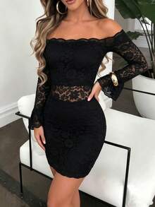 Autumn/Winter Sexy Lace Off-The-Shoulder Black Fitted Dress - Black - View 5