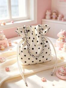 Cute Polka Dot Chain Drawstring Bucket Bag, Chain Strap Crossbody Bag, Y2K Style Mini Shoulder Bag, Suitable For Daily Casual Use, - Multicolor - View 4