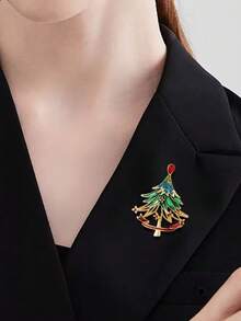 1pc Rhinestone Christmas Tree Brooch, Gold Enamel Red Ribbon Women's Lapel Pin, Suitable For Christmas Party, Suit, Coat, Scarf, Bag Decoration And Holiday Gift - Multicolor - View 2