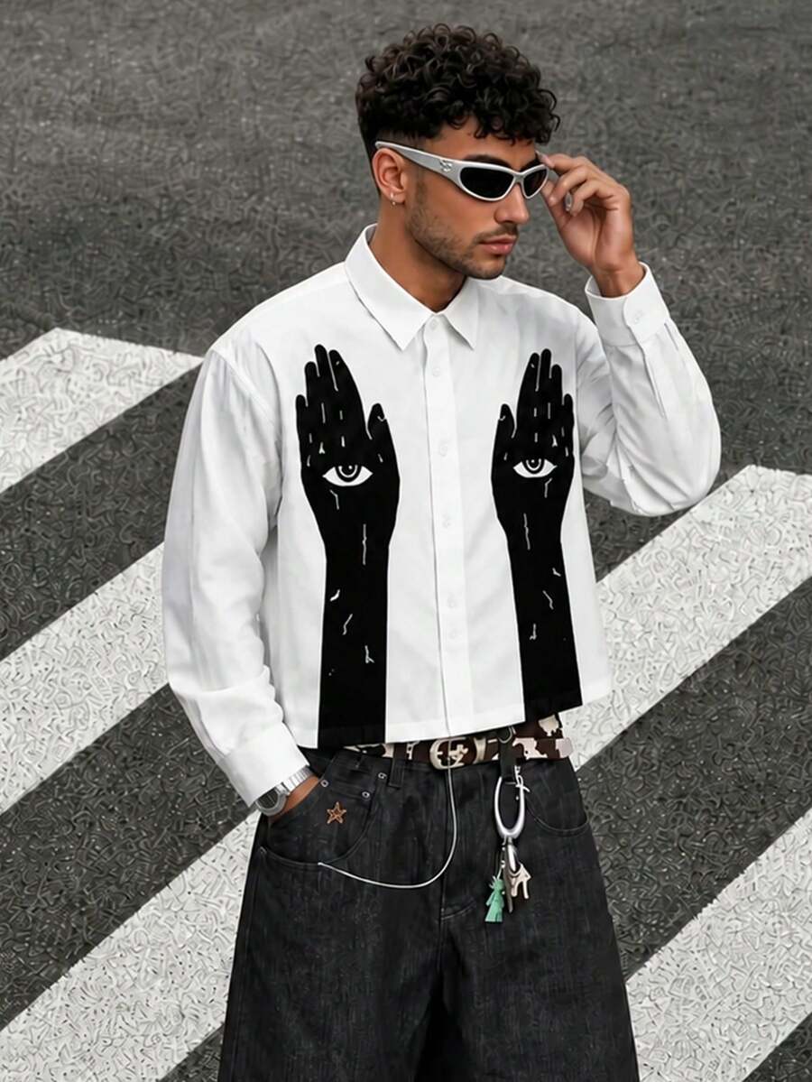 Zrgoth Men's Palm Print All-Seeing Eye Long Sleeve Short Shirt, White & Black Mysterious Street Style Lapel Cardigan Top - White - View 1