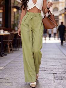 French Style Bean Green Wide Leg Trousers High Waist Draped Loose Slimming Commute - Green - View 1