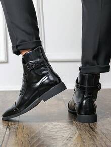 Men's Rivet Buckle Decor High-Top Ankle Boots With Side Zipper, Square Toe, Low Heel, Business Casual Shoes For Office, Banquet, Date, Commute And Daily Wear - Black - View 7