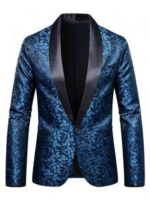 Men's Shawl Collar Satin Jacquard Blazer, Single Button Slim Fit Evening Tuxedo Jacket For Wedding / Party / Performance - Royal Blue - View 2