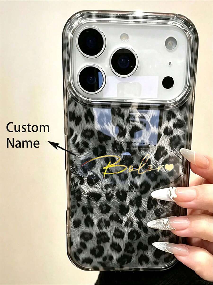 [客製化] 個性化自訂字母刻印奢華箔印豹紋手機殼，適用 18 17 Pro Max 17 Pro 16 15 14 13 12 Pro Max 14 15 16 Plus，防震保護殼 - 黑色 - 查看 1