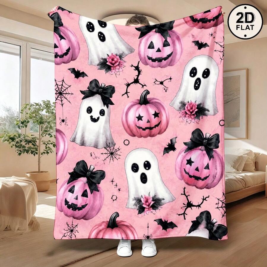 1pc Pink Ghost Pumpkin Bat Spider Flannel Blanket, Love Theme Gift, 2D Printed Soft All-Season Warm Blanket, Suitable For Sofa, Chair, Living Room, Bedroom, Office, Travel And Home Decor, Halloween/Holiday Gift