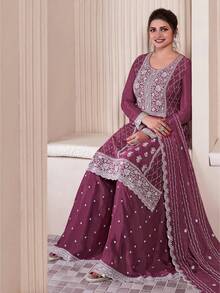 JZGZR Women's Art Silk Embroidery Work Kurta Palazzo Set With Dupatta - Darkpeach - View 2
