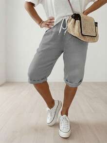 Jisfaneya Plus Size Women's Elastic-Waist Drawstring Versatile Casual Solid-Color Shorts Summer - Light Grey - View 1