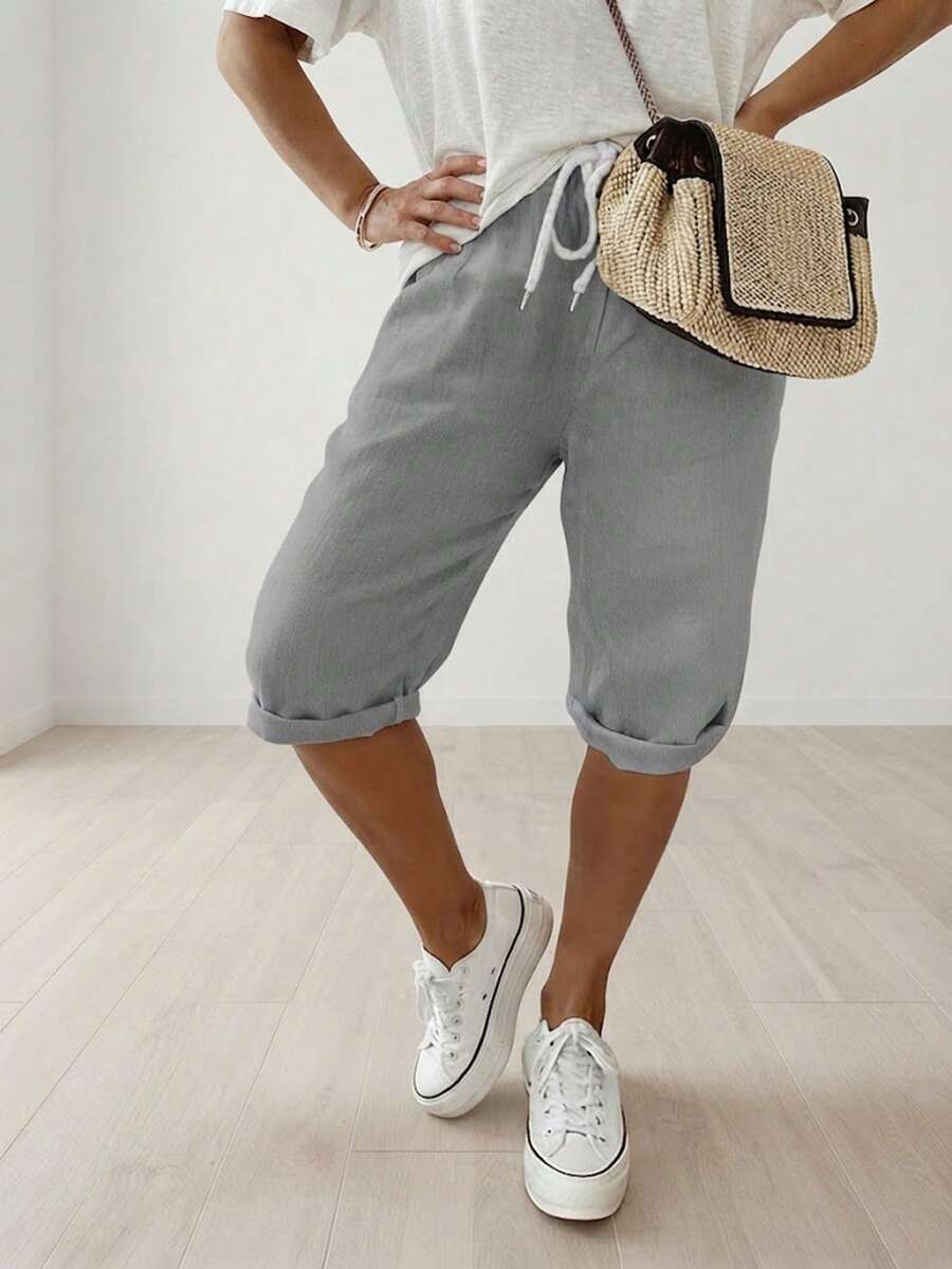Jisfaneya Plus Size Women's Elastic-Waist Drawstring Versatile Casual Solid-Color Shorts Summer - Light Grey - View 1