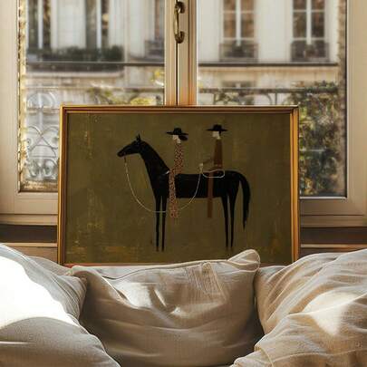 1PC Unframed Vintage Western Art Print, Abstract Cowboy Cowgirl Couple Riding Black Horse Olive Green Background Wall Poster, Wall Decor Home Decor Living Room Decor Farmhouse Decor, Rustic Aesthetic Wall Decoration Gift For Western‑Style Home