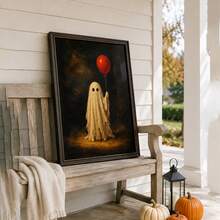 1PC Unframed Vintage Halloween Art Print, Cute Tattered Ghost Holding Red Balloon Dark Moody Background Wall Poster, Halloween Decor Fall Decor Wall Decor Home Decor, Whimsical Spooky Wall Decoration Gift For Halloween Season - Abstract - View 1