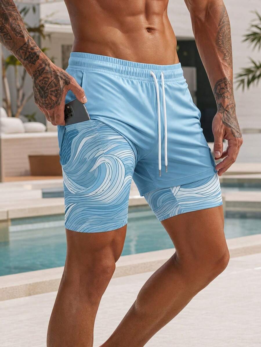 Hombres Verano Ombre Ola Impresión Forro Bolsillo Doble Capa Impresión - Multicolor - Ver 1
