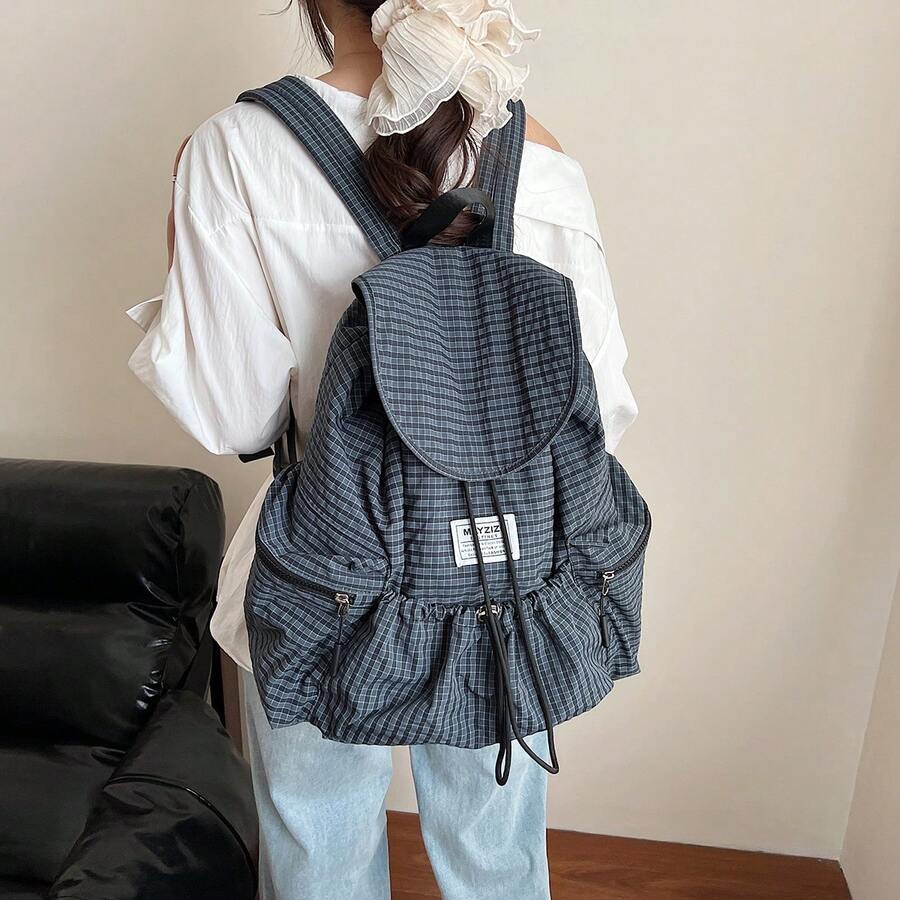 LECEY 1pc Women Plaid Print Flap Drawstring Backpack, Lightweight Multi‑Zipper Pocket Casual Rucksack, Daily Commute Travel School Bag For Teen Girls - Black - View 1