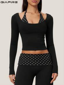 Autumn Fashion New Women's Long Sleeve Jacket, Yoga Fitness Sports Polka Dot Tank Top - Black - View 8