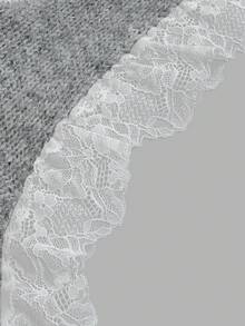 Nicenter Women's Gray V-Neck Contrast Lace Patchwork Knit Vest, Autumn/Winter Sleeveless Sweater, Casual Versatile Daily Streetwear, Halloween - Grey - View 5