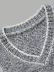 Nicenter Women's Fall Winter Grey V-Neck Contrast Lace Sleeve Wool Blend Sweater Vest, Elegant Casual Simple For Office Daily Home Date - Grey - View 5