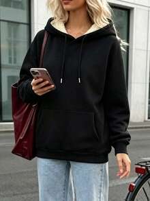 Women's Pure Black Drawstring Pocket Loose Hooded Sweatshirt, Fleece Lined, Casual Warm Jacket - Black - View 2