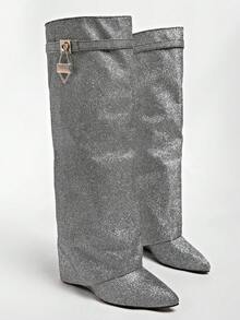 Women's Over-The-Knee Tall Boots, New Autumn/Winter Style, Slimming High Heel Chunky Heel Wedge Heel Fold-Down Boots - Silver - View 5