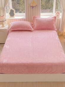 3-Piece Solid Color Velvet Bedding Set, 1 Fitted Sheet + 2 Pillowcases, Soft & Warm Winter Fitted Sheet - Baby Pink - View 10