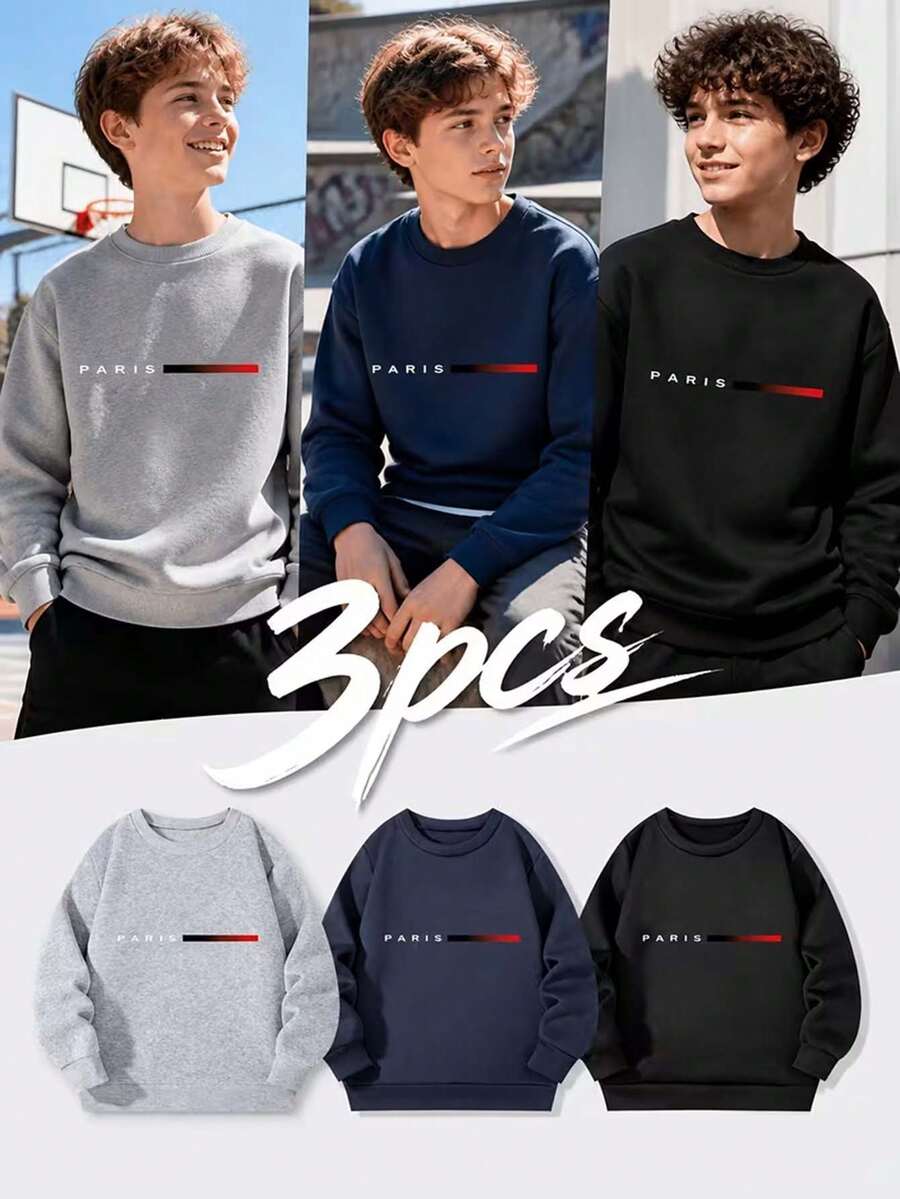 3-delat set för tween-pojke, avslappnad sweatshirt med roligt tryck, rund hals och lång ärm, höst/vinter-topp - Svart - Visa 1