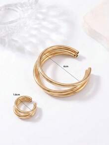 2pcs/Set Fashion Triple-Line Tubular Polished Metal Open Bangle & Ring Jewelry Set, Suitable For Women's Daily Wear And Party Use - Gold - View 5