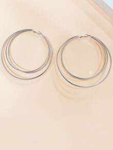 1 Pair Exaggerated Triple Layer Large Hoop Earrings, Minimalist Elegant Versatile Personalized Hip-Hop Ear Hoops - Silver - View 3