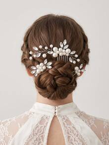 3pcs Elegant Faux Pearl & Rhinestone Twisted Hair Comb And U-Shaped Hair Pin Set, Forest Style Bridal Wedding Party Updo Hair Accessories, Beautiful Fairy-Like Pearl & Rhinestone Hair Ornaments, Versatile Hair Clips Combination For Wedding, Party, Photoshoot - Silver - View 7