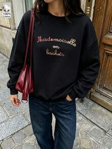 Oversized Women's Sweatshirt For Autumn/Winter, Casual Daily Wear, Long Sleeve Hoodie, Outerwear Top, Y2K, Letter Slogan Graphic, Unisex, Streetwear - Black - View 3