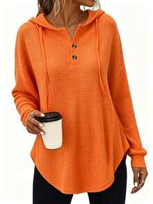 Women's Plus Size Solid Color Waffle Knit Half-Zip Hooded Sweatshirt With Drawstring, Long Sleeve Casual Top For Autumn/Winter - Orange - View 1