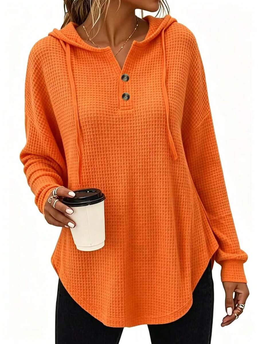 Women's Plus Size Solid Color Waffle Knit Half-Zip Hooded Sweatshirt With Drawstring, Long Sleeve Casual Top For Autumn/Winter - Orange - View 1