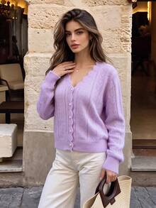 Cardigan Rajut Wanita Warna Ungu Muda, Tepi Bergelombang, Leher V, Tekstur Berongga, Kancing Mutiara, Lengan Panjang, Jaket Rajut, Musim Gugur - Mauve Purple - View 9
