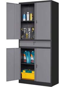Tall Metal Garage Storage Cabinet With Lockable, 1 Drawer & Adjustable Shelves, 71 Inch Heavy‑Duty Storage Cabinet Garage Warehouse, Black - GrayBlack - View 2