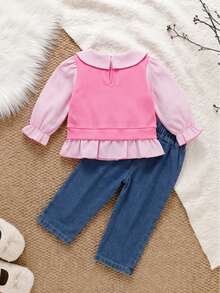 Infant Girl Pink Colorblock Collared Top & Denim 2-Piece Set, Spring/Autumn New Baby Girl Ruffle Hem Long Sleeve Versatile Casual Straight Leg Pants - Pink - View 2