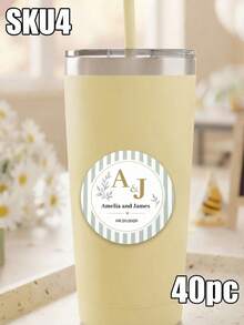 8/20/40pc Personalized Custom Monogram Wedding Stickers, Custom Names Date Round Sealing Labels, Green Stripe Floral Pattern, Wedding Favor Souvenir Gift, For Bride Groom Wedding Guests, Envelope Cup Gift Box Matchbox, Wedding Party Decor Stickers - Multicolor - View 9