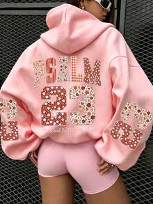 Double Print Psalm 23 Floral Patchwork Letter Hooded Sweatshirt, Healing Spiritual Atmosphere Daily Layering Top Pink Casual Fall - Pink - View 1