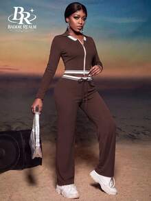 BADDIE REALM Women 2pcs Set Front Zipper Ribbed Knit Preppy Sporty Casual Streetwear Everyday Basic - Brown - View 7