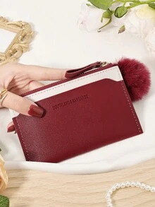 Fashionable And Minimalist Women's Credit Card Bag, With A Pom-Pom Charm, Convenient ID Window Certificate Package, Credit Card Storage Card Package - Burgundy - View 13